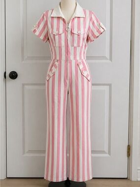 Unique Vintage Pink & White Striped Short-Sleeve Jumpsuit Sz 4